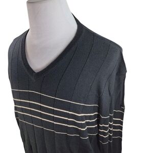 Burberry Golf Sweater Wool Cotton V Neck Black with Beige Stripes Mens XXL